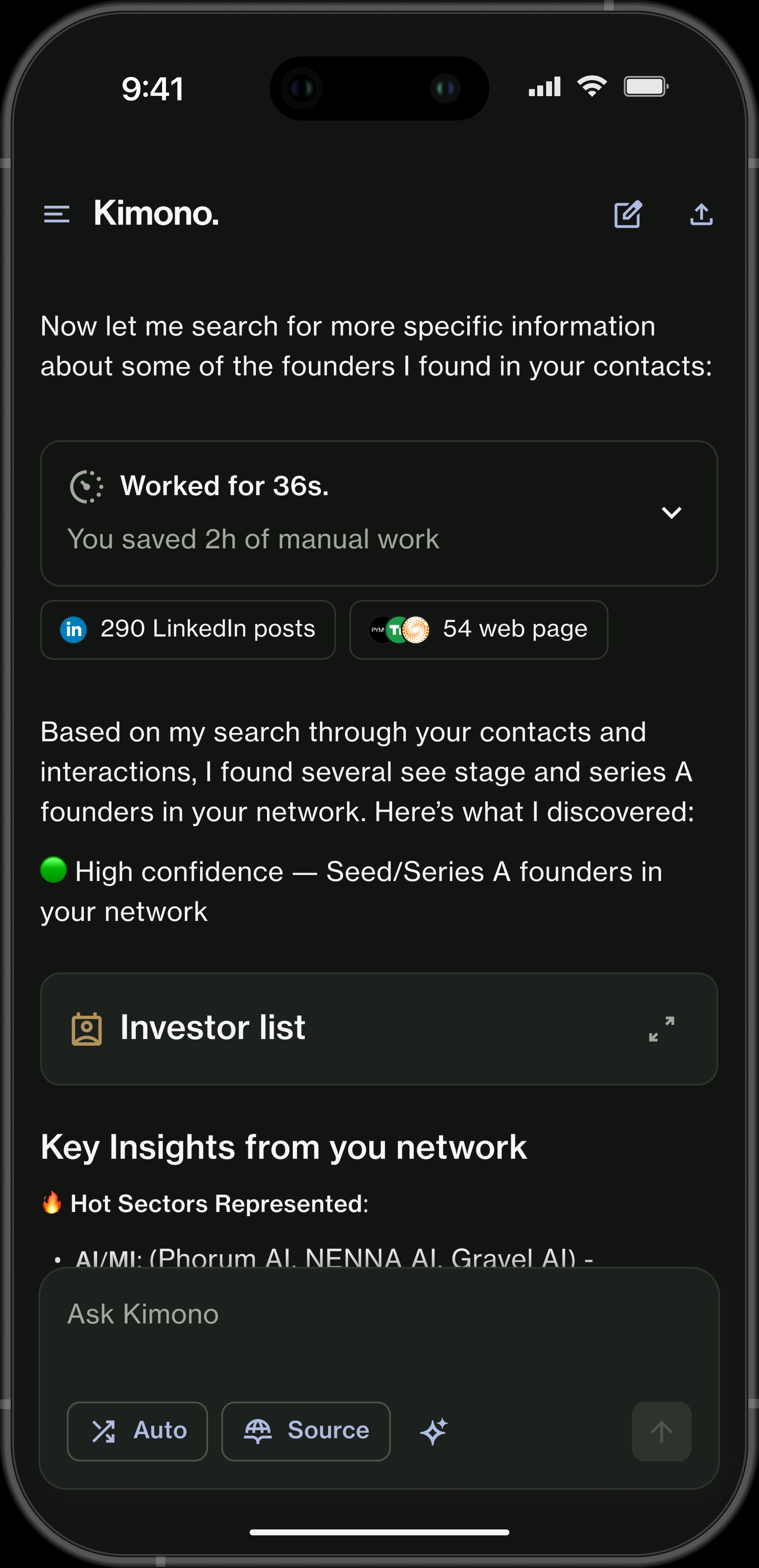 Kimono answer: full investor list with Key Insights, Hot Sectors, sources cited from 290 LinkedIn posts and 54 web pages